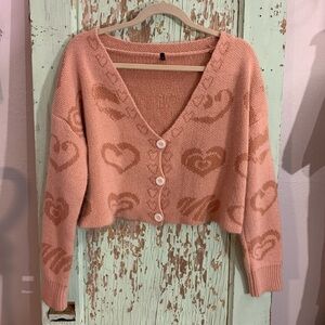 Women’s pink heart button-up cropped cardigan